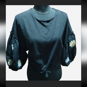 Ina Black long-sleeve, cropped pullover top with floral embroidered